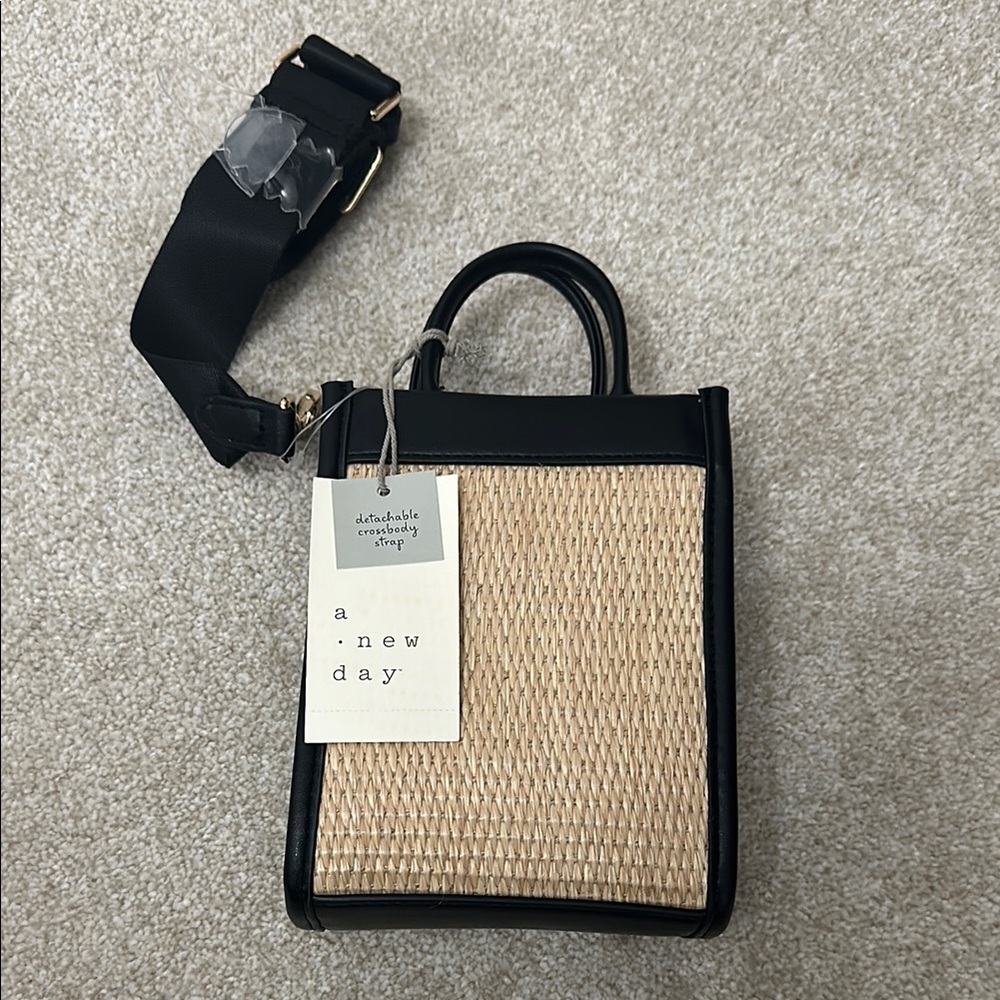 A New Day Black and Tan Straw Crossbody Bag